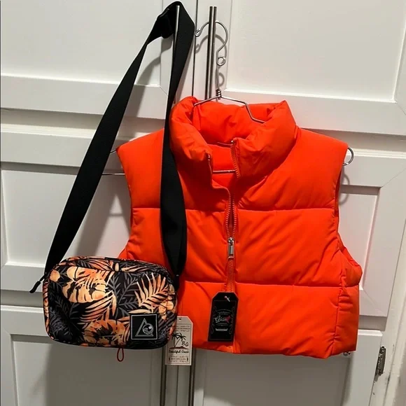 Bright Orange Puffer Vest with Tropical Print Bag - Picture 1 of 7